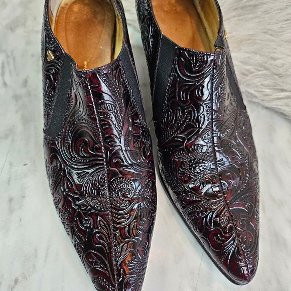 VTG Pertti Palmroth Women's Burgundy Leather Embossed Point Toe Ankle Boots 6 - Picture 10 of 15